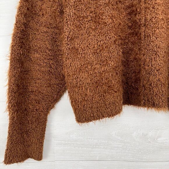 Free People Icing Pullover Sweater S Brown V Neck Eyelash Knit Fluffy Slouchy - Picture 4 of 16